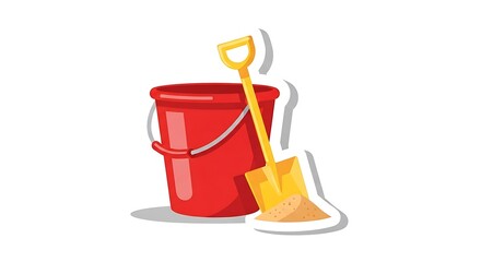 A red bucket and yellow shovel, essential tools for sand play. 