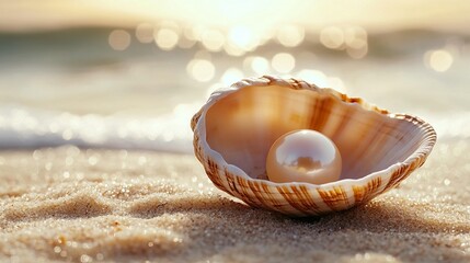 Pearl in seashell on sandy beach at sunrise