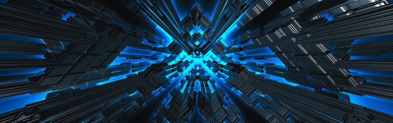Abstract digital artwork featuring geometric shapes and striking blue light effects.