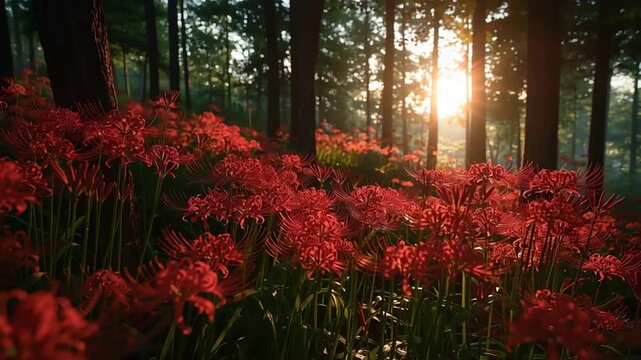 彼岸花を照らす朝日