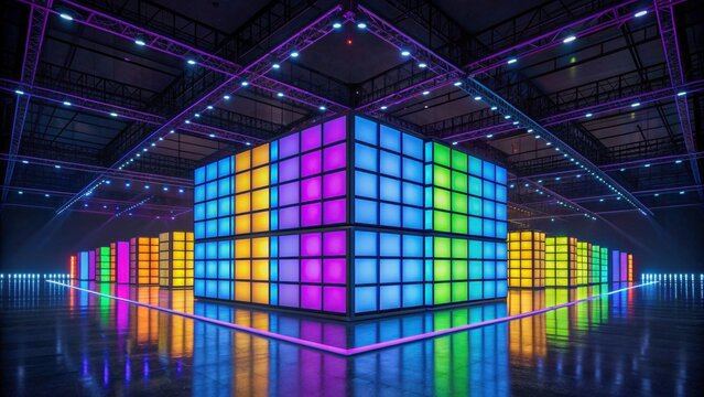 Futuristic neon digital immersive glowing cube installation geometry pulse