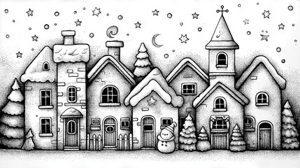Joyful Christmas Illustration for Kids: Simple Coloring Book Page with Festive Elements and Playful Characters.