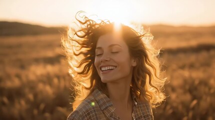 Backlit Portrait of calm running happy smiling free woman with closed eyes enjoys a beautiful moment life on the fields