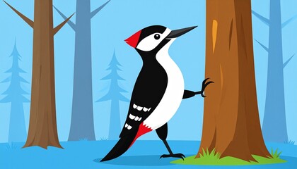 Fototapeta premium cartoon woodpecker perching on tree in forest