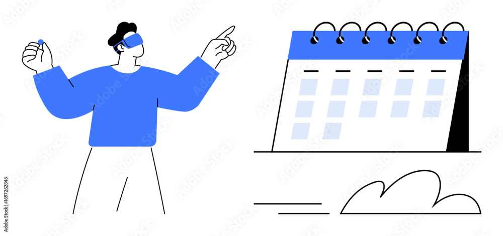 Aufkleber man gesturing toward spiral-bound calendar with marked dates and floating cloud. ideal for planning,