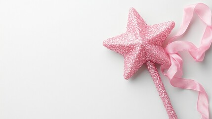 Pink glittery star wand with ribbon on white background