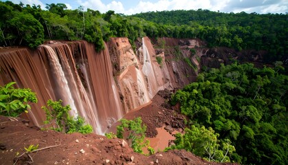 Obraz premium Spectacular cascading waters blending seamlessly with lush greenery landscape