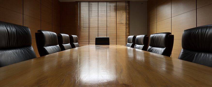 Executive conference room, elegant board table and leather chairs, meeting space