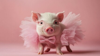 Pink piglet wearing a tutu and bow tie