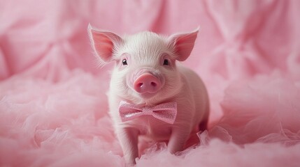 Pink piglet with bow tie on pink fabric