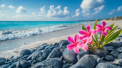Pink plumeria blossoms on a volcanic beach, turquoise ocean