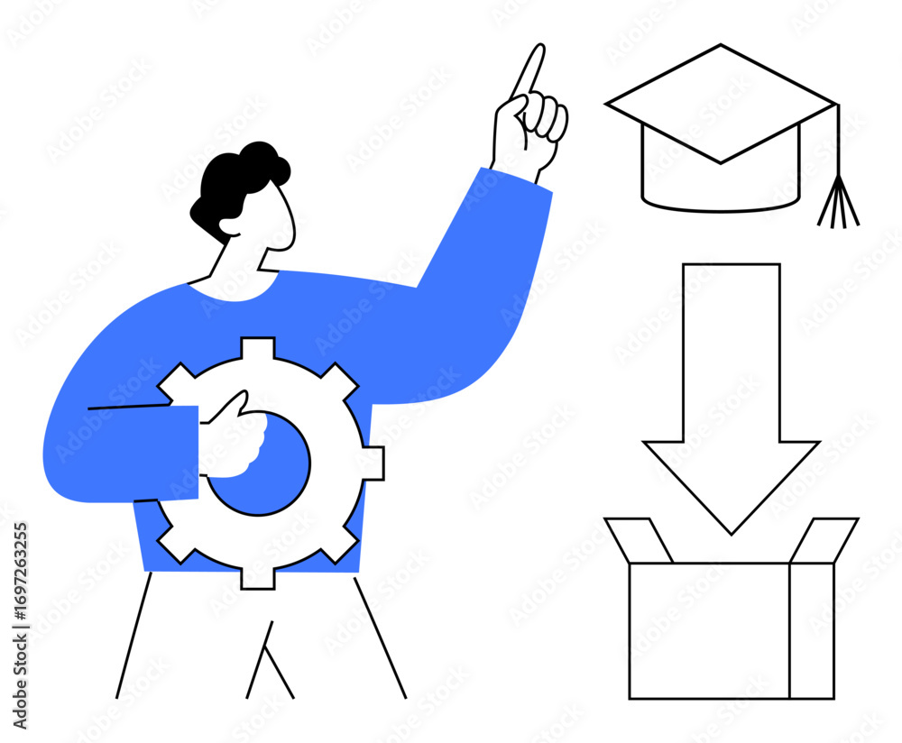 Poster man with gear points upward toward graduation cap and down to open box with arrow. ideal for educati