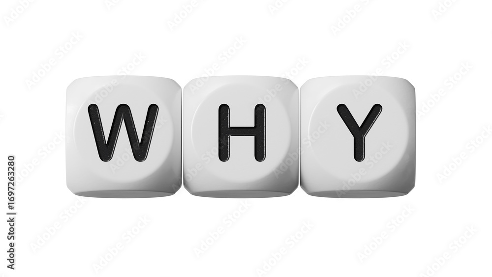Poster why closeup of word with question mark on wooden dice. reason why business or relationship concept.s