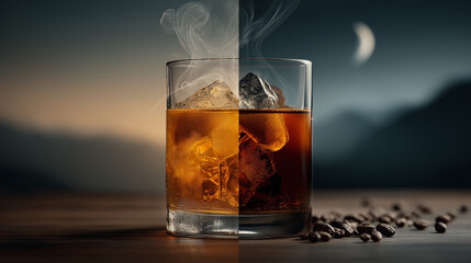 Coffee and Whiskey Contrasting Illustration, Blurred Background, Artistic Aperture Shot