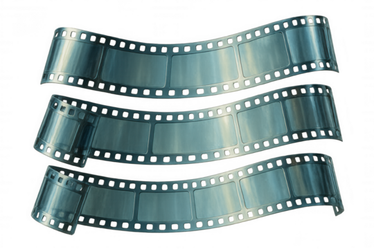 Metallic filmstrips undulating against transparent backdrop, symbolizing cinematic dynamics and visual storytelling