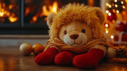 Plush lion, Christmas decor, warm fireplace