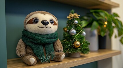 Plush sloth with Christmas tree decor on shelf