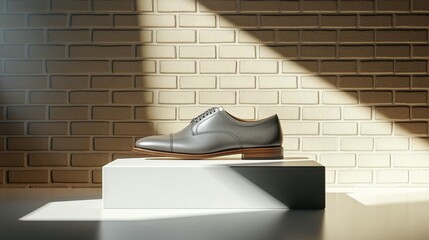 Polished gray shoe on white display podium against light beige brick wall. Sunlight casts shadows