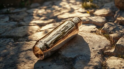 Polished metal thermos bottle on stone path, sunlight