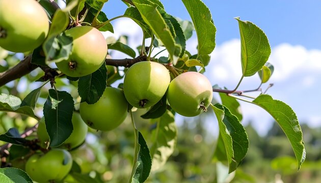 Green apples on a branch