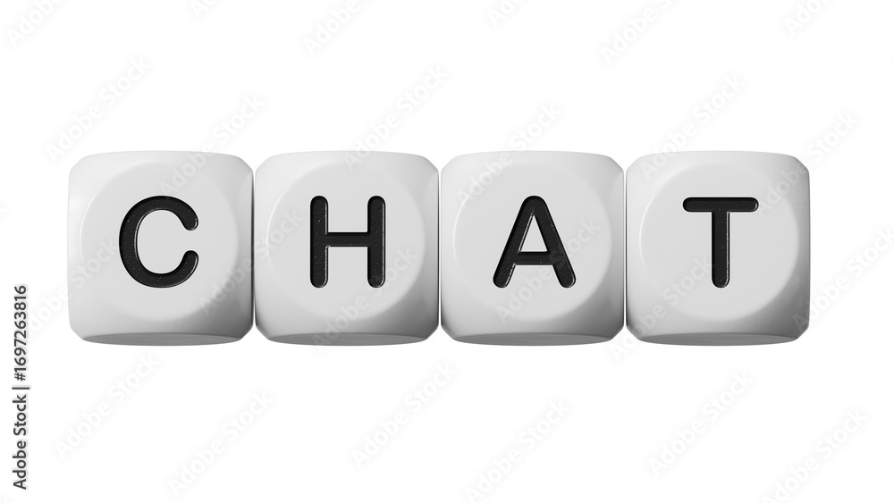 Poster chat.wooden dice spelling.flat lay view from above on wooden dice buttons.it technology concept.supp