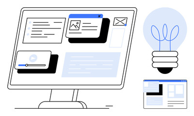 Computer monitor displaying various digital tools and content alongside a light bulb. Ideal for technology, innovation, creativity, online learning, web design, productivity, brainstorming