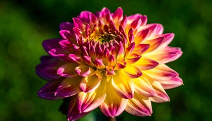 Obraz premium Vibrant dahlia bloom featuring beautiful blends of yellow, pink and purple