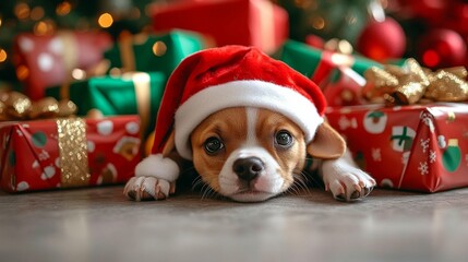 Puppy in Santa hat surrounded by Christmas presents