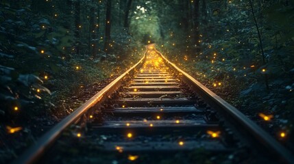 Railroad track through enchanted forest, glowing with fireflies