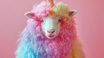 Rainbow sheep with unicorn horn on pink background
