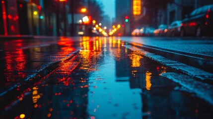 Rainy city street at night, puddles reflecting lights