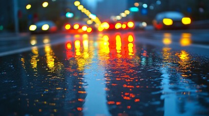 Rainy city street at night, blurred lights reflecting on wet pavement