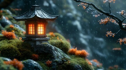 Rainy mountain path, lantern glows