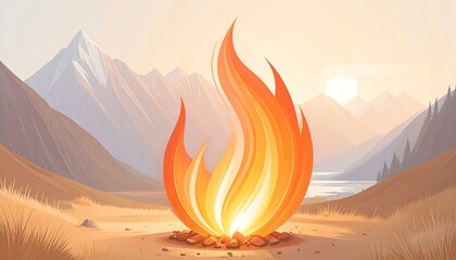 A campfire in a mountainous landscape