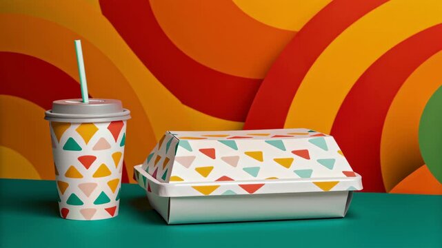 Colorful geometric pattern takeout cup burger box eco friendly paper packaging vibrant modern reusable straw restaurant fast food cardboard drink food