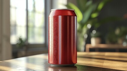 Red aluminum can on wooden table, blurred background