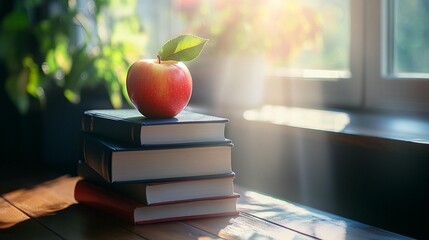 Red apple atop books, sunlight through window