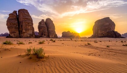 Sunrise over desert rock formations