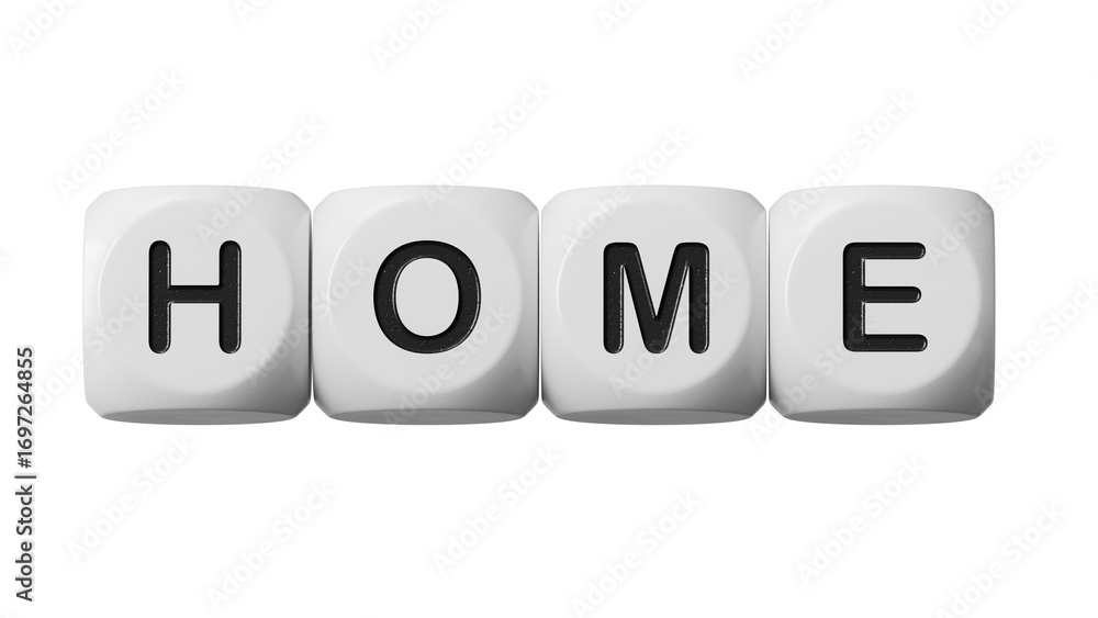 Poster home.wooden dice spelling.flat lay view from above on wooden dice buttons.it technology concept.supp