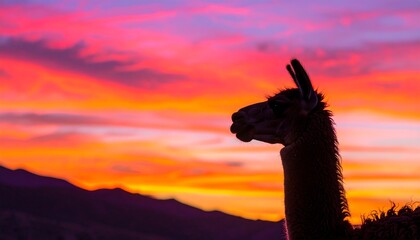 Llama silhouetted against vibrant sunset