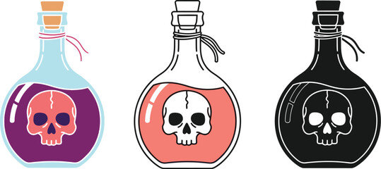 Three stylized bottles containing dangerous liquids with skull symbols, representing poison or potions.