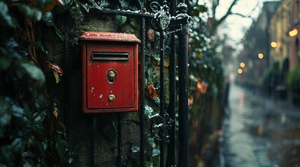 Red mailbox on a dark wrought iron gate, overgrown with greenery, in a rainy urban alley