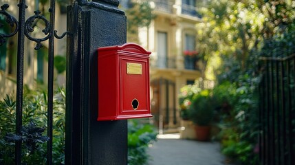 Red mailbox on a black metal post, European-style buildings in background. Lush greenery and a walkway