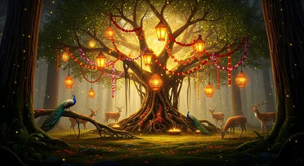 Enchanted forest tree with glowing lanterns and mystical creatures