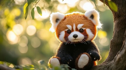 Red panda plush, sitting in a tree, sunlit bokeh