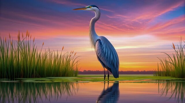 Serene heron sunset sky over calm water vibrant wetland, tall grass and clear reflection beneath glowing clouds, tranquil lake nature scene with