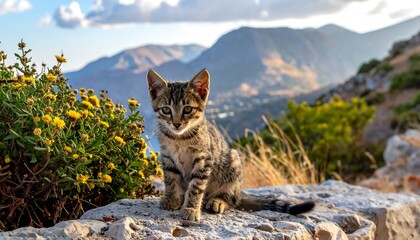 Naklejka premium Cute kitten on a mountaintop