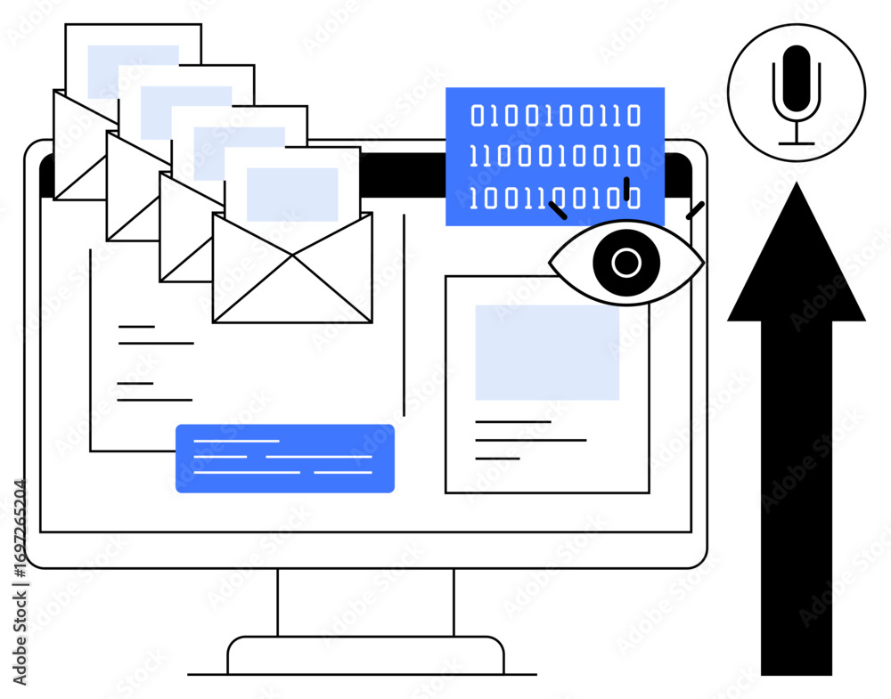 Poster computer screen with emails, binary data, and eye icon for monitoring. arrow points to microphone fo