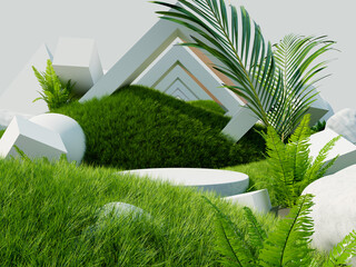 Podium in natural scene with green plants and rocks, with some geometric shapes and spheres- 3D rendering