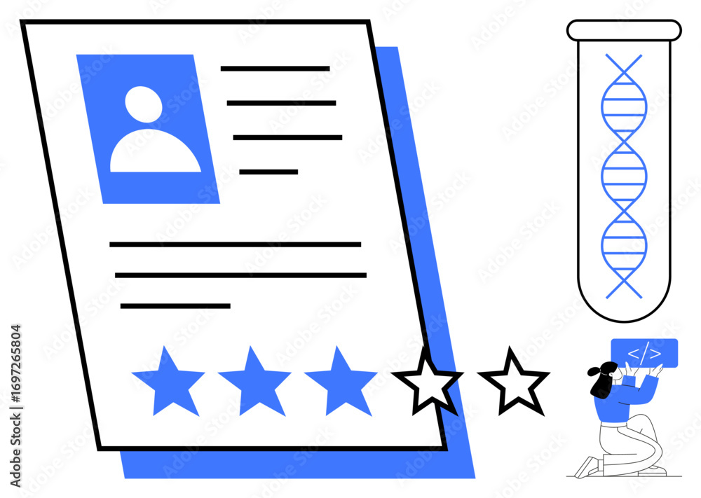 Poster large user profile with star rating system, dna test tube icon, small programmer writing code. ideal